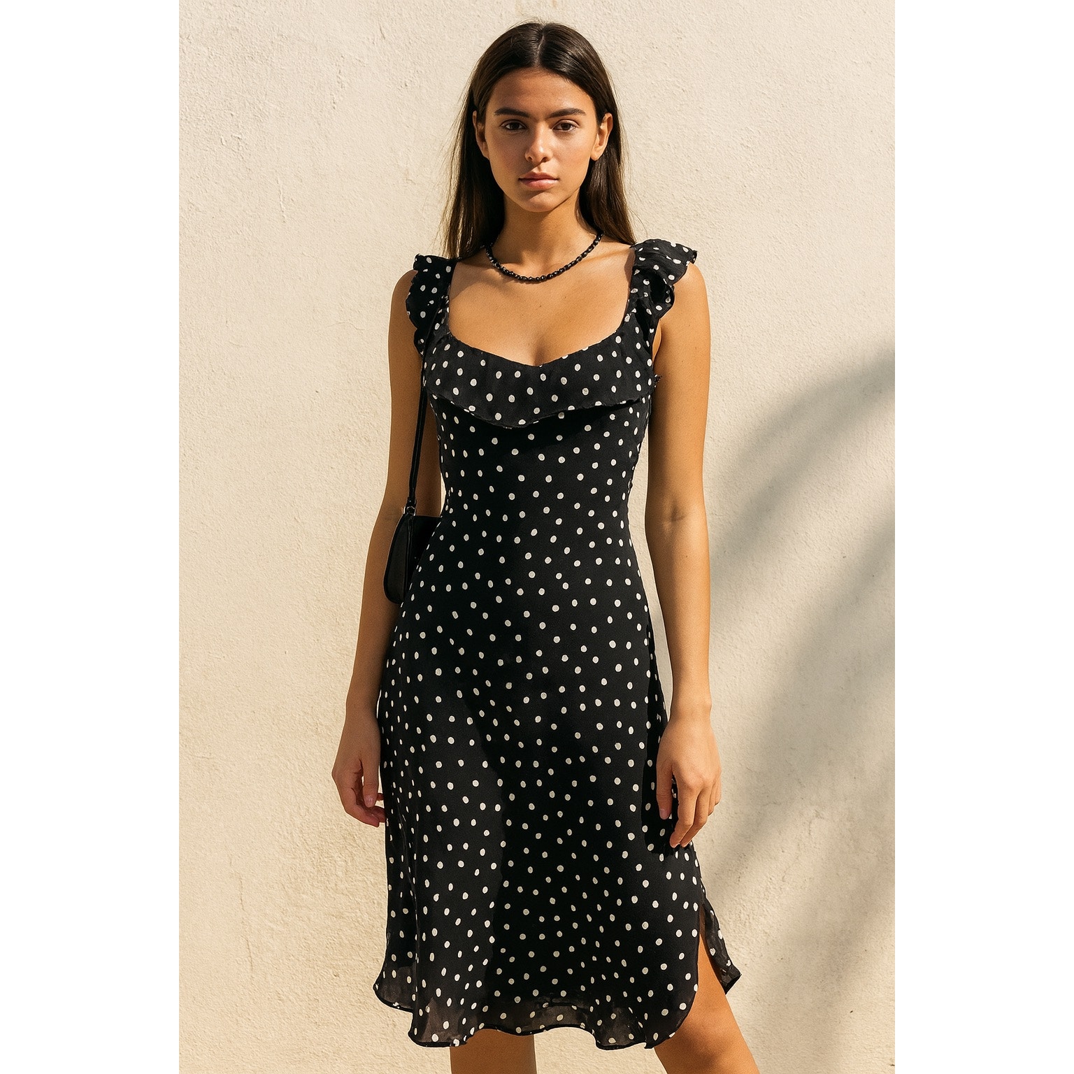 Vintage Y2k Babydoll Midi Slip Dress Polka Dot M/L Ruffle Bias Cute Party Black